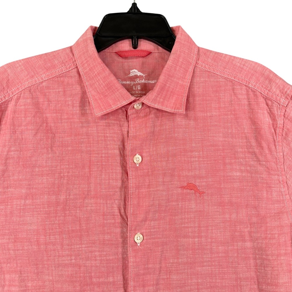 Tommy Bahama Shirt Mens L Coral Pink Slub Cotton Short Sleeve Button Up Marlin